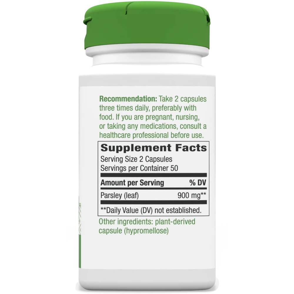 Back of Parsley Leaf bottle with supplement facts panel