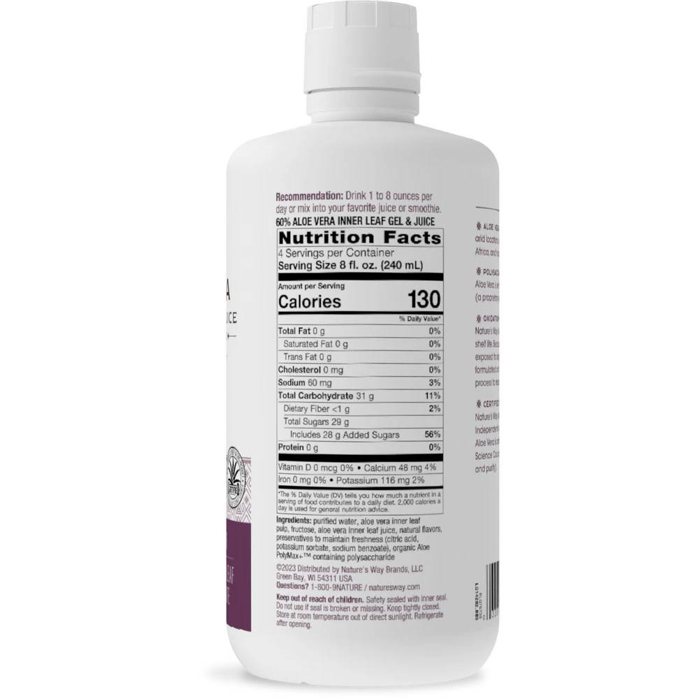 Aloe Vera Gel & Juice bottle back with nutrition facts and directions