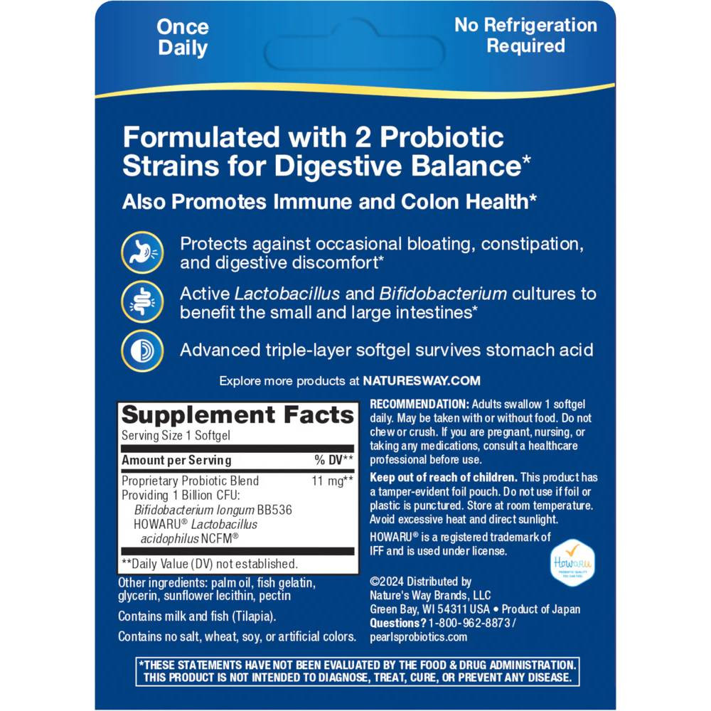 Back of Acidophilus Probiotic Pearls 90 softgels box with supplement facts panel