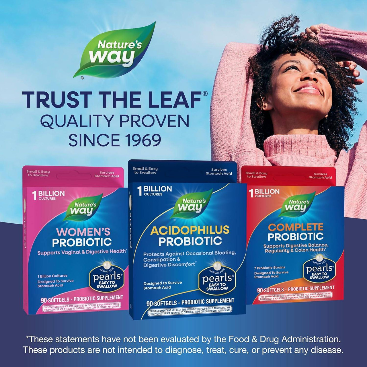 Woman with Nature's Way Pearls lineup, trust the leaf quality since 1969 graphic