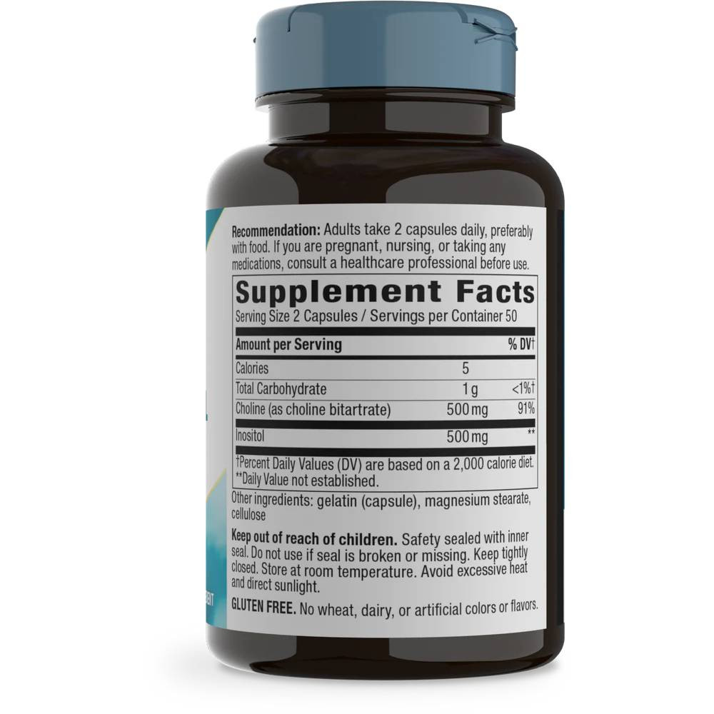 Choline & Inositol bottle back with supplement facts, 500 mg choline and 500 mg inositol