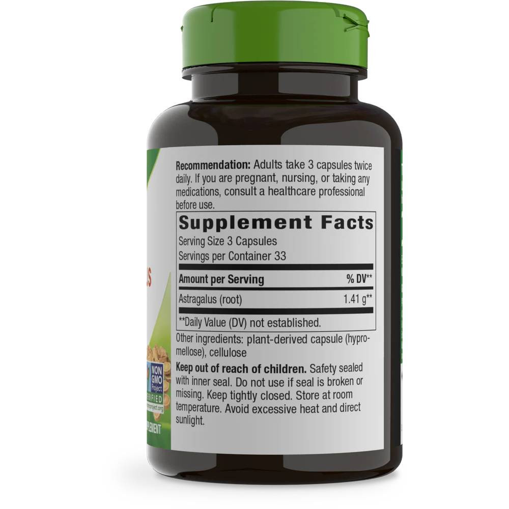 Back of Astragalus Root 100 capsule bottle with supplement facts panel
