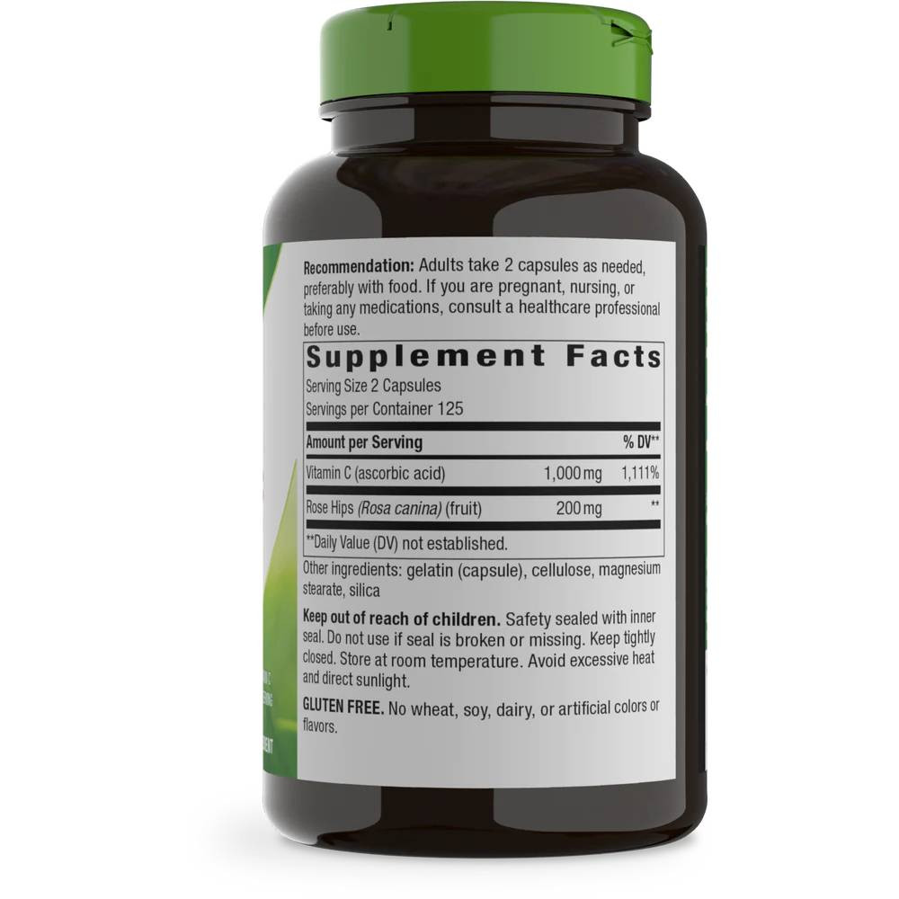 Back of Vitamin C with Rose Hips bottle with supplement facts panel