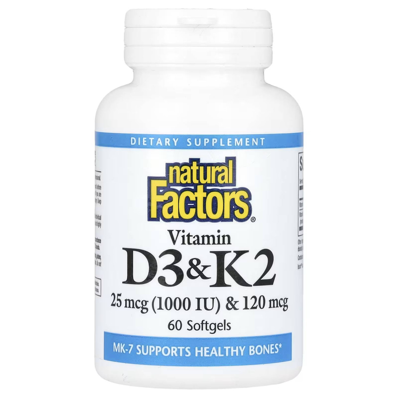 Natural Factors Vitamin D3 & K2 25 mcg (1000 IU) & 120 mcg 60 softgel bottle