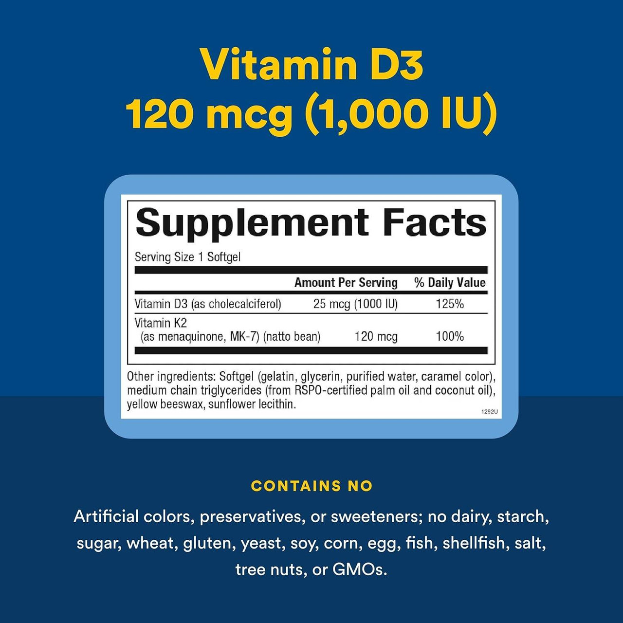 Vitamin D3 & K2 supplement facts with contains-no list