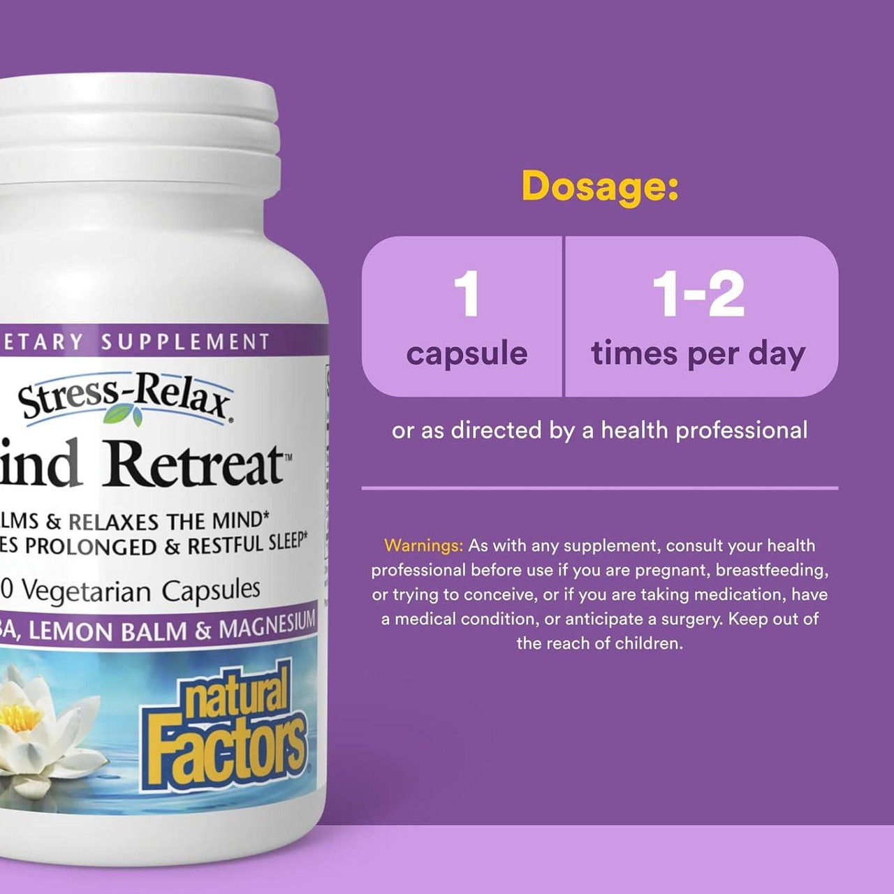 Mind Retreat dosage graphic, 1 capsule 1-2 times per day
