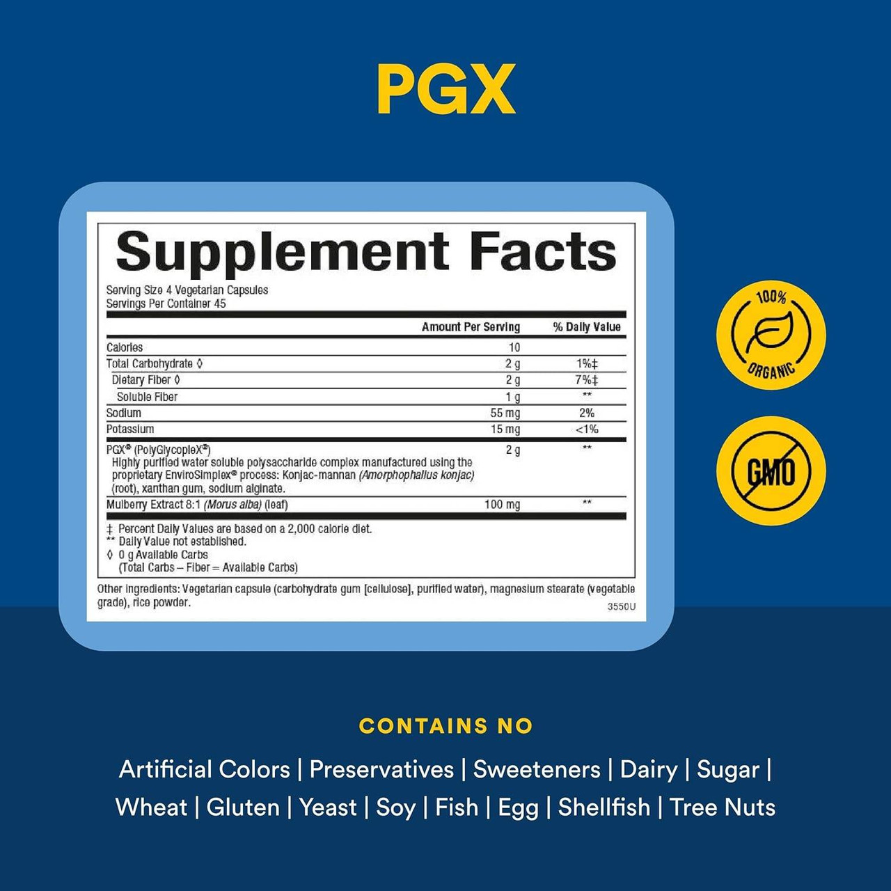 PGX supplement facts with contains-no allergen list