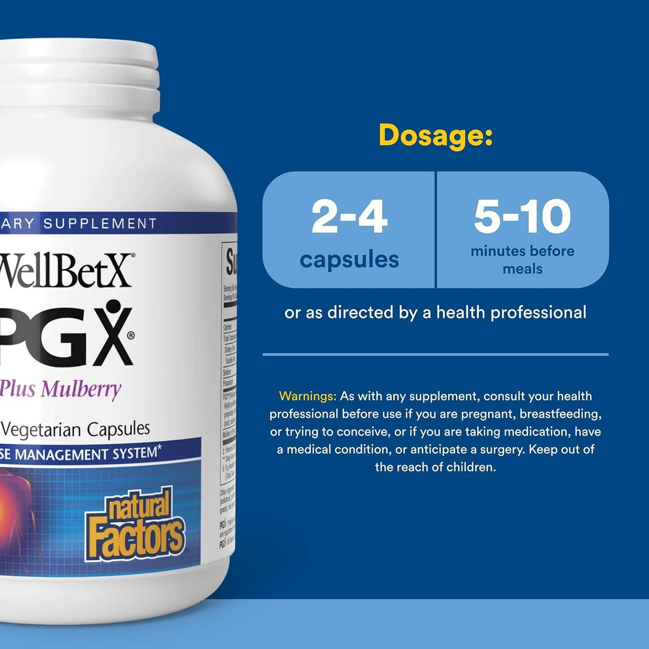 WellBetX PGX bottle with dosage of 2-4 capsules 5-10 minutes before meals