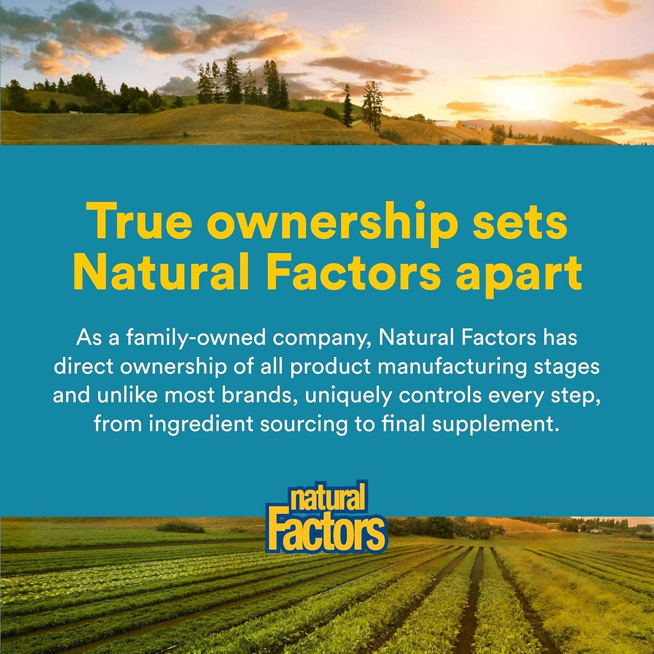Farm field at sunset, true ownership sets Natural Factors apart graphic