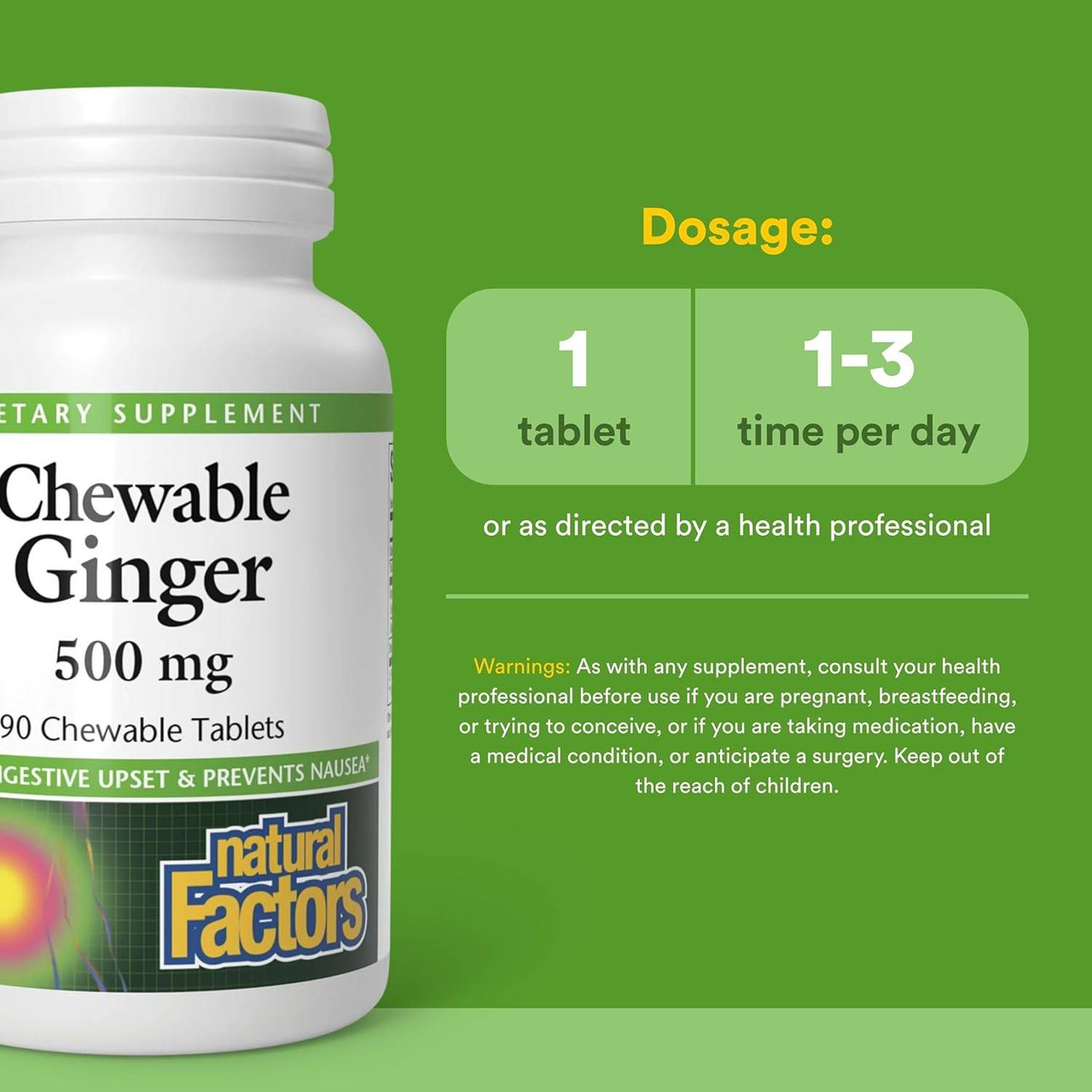 Chewable Ginger dosage graphic, 1 tablet 1-3 times per day