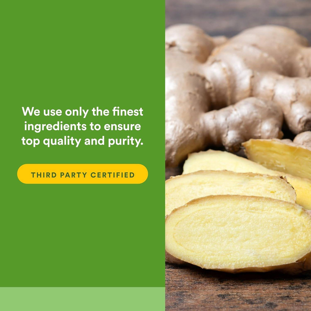 Sliced ginger root, Natural Factors finest ingredients third party certified graphic