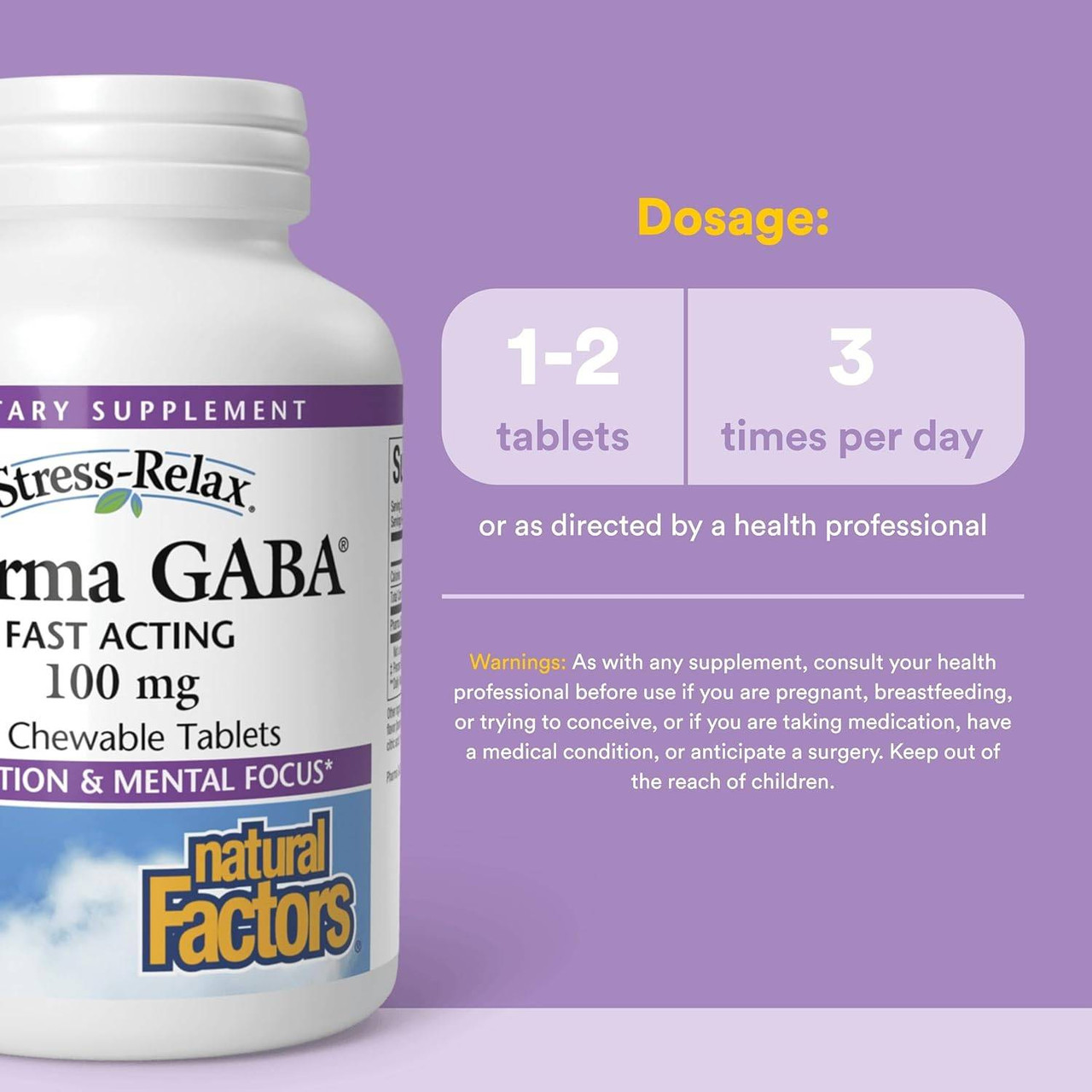 PharmaGABA bottle with dosage graphic, 1-2 tablets 3 times per day
