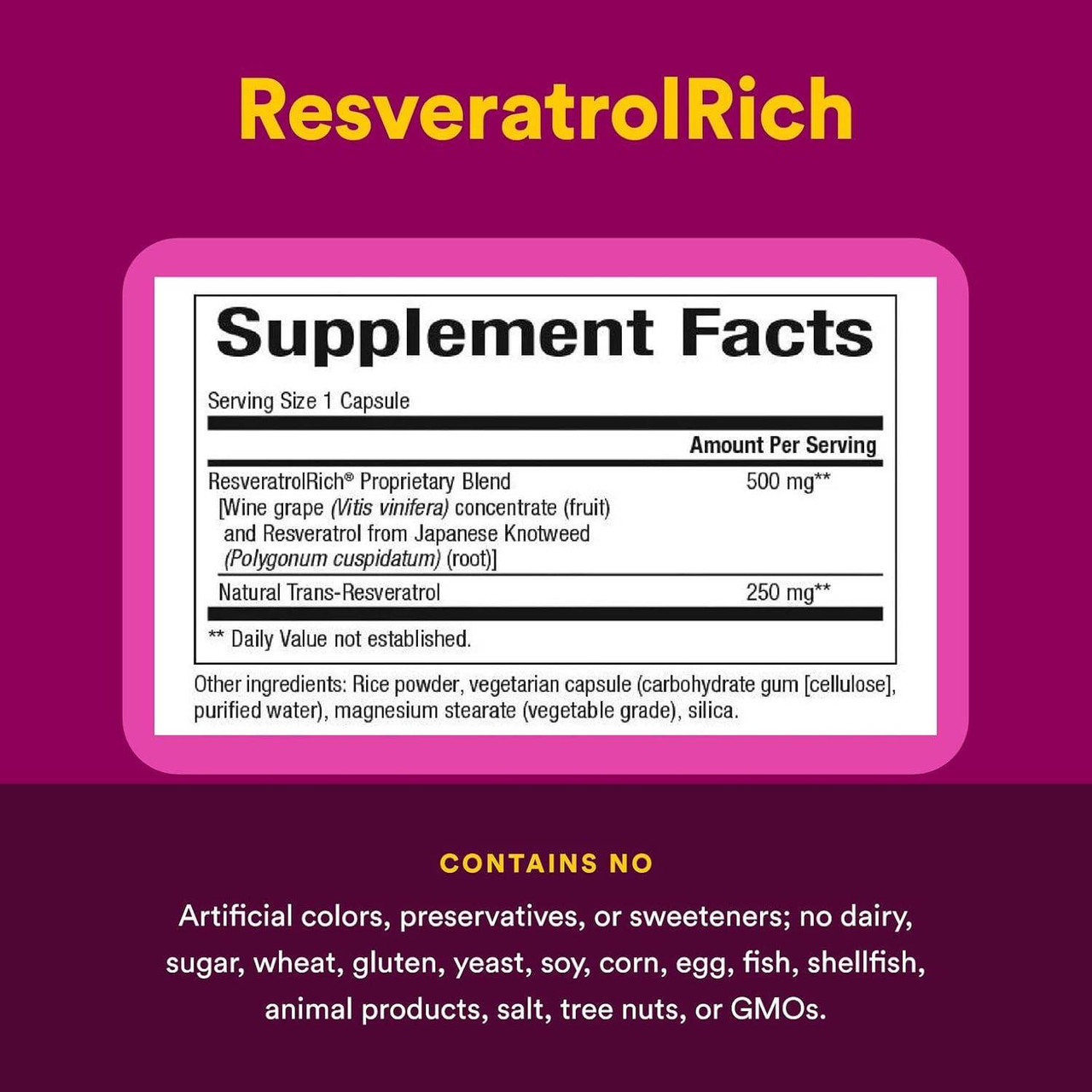 ResveratrolRich supplement facts, 500 mg proprietary blend, free-from list