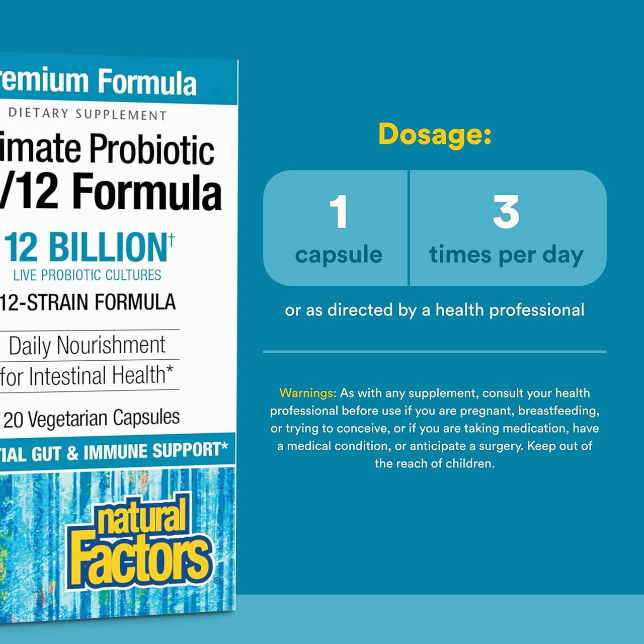 Ultimate Probiotic 12/12 box with dosage of 1 capsule 3 times per day