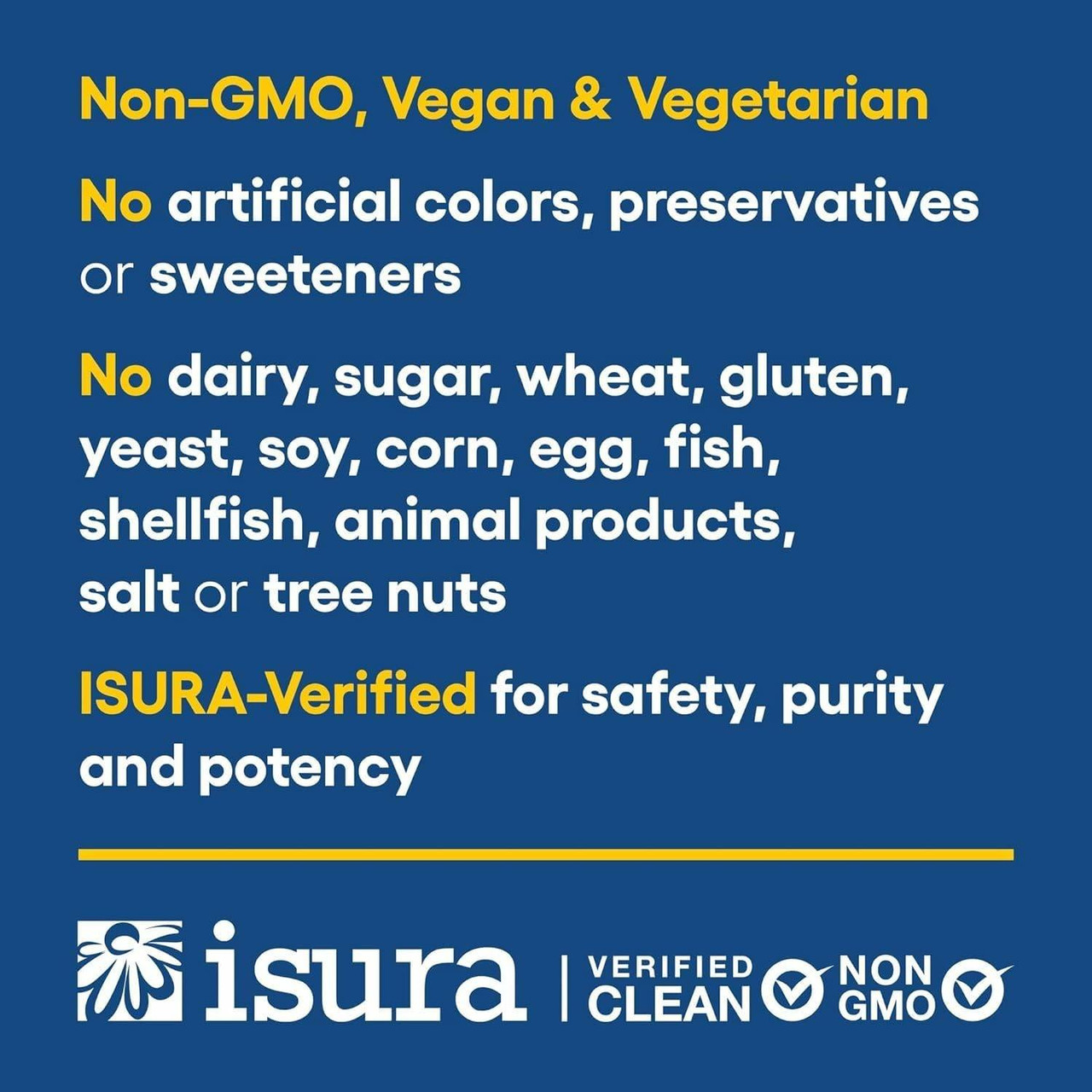 Non-GMO, vegan and isura-verified certifications graphic