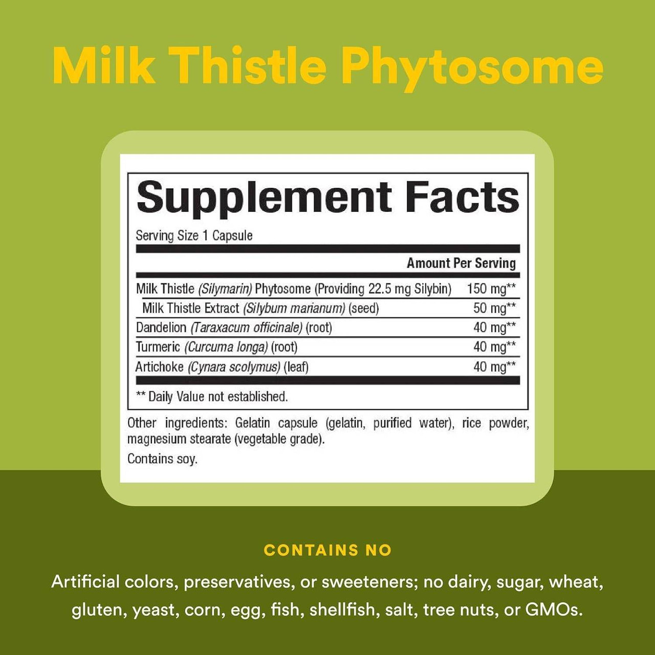 Milk Thistle Phytosome supplement facts with dandelion, turmeric and artichoke, contains no list
