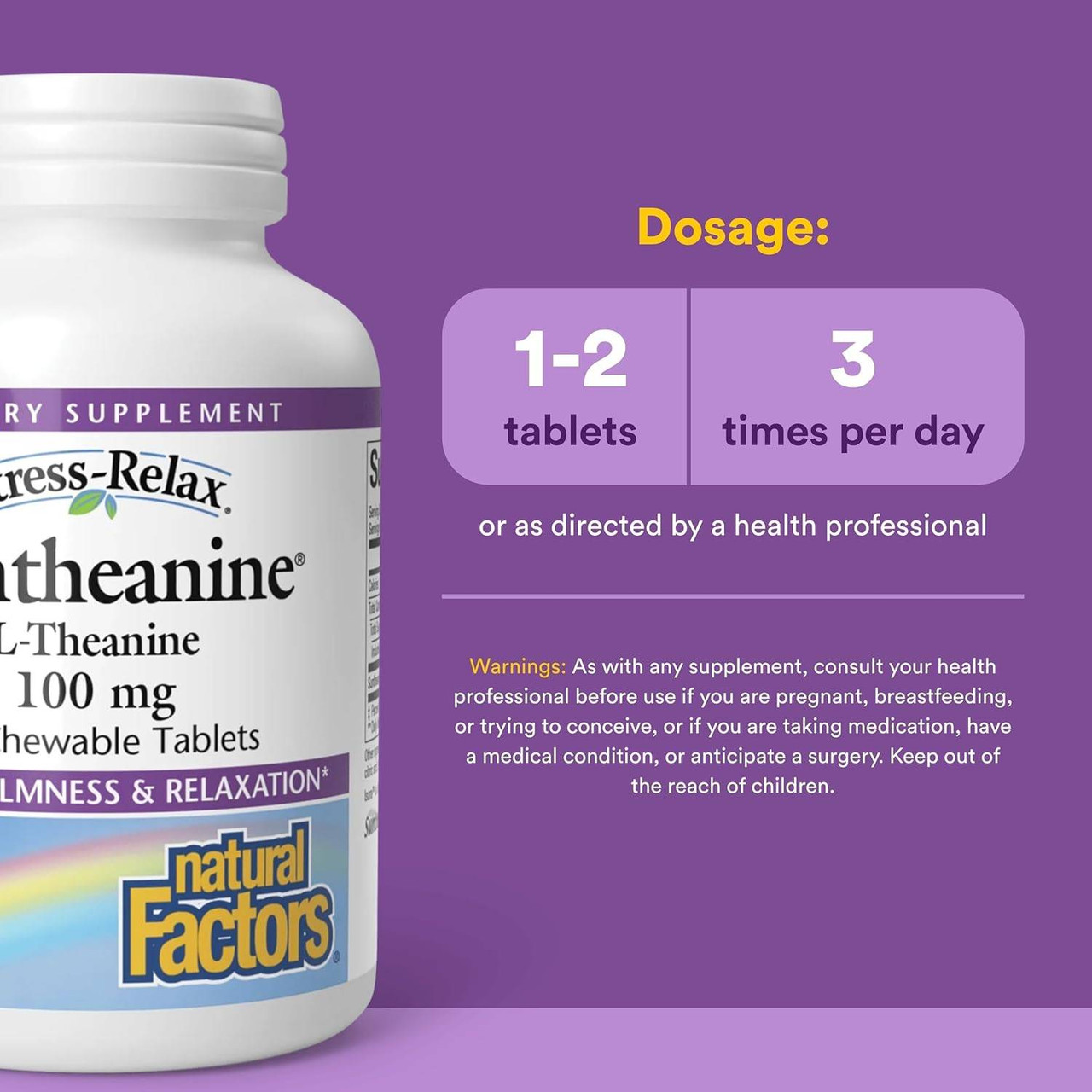 Suntheanine bottle, 1-2 tablets 3 times per day dosage graphic