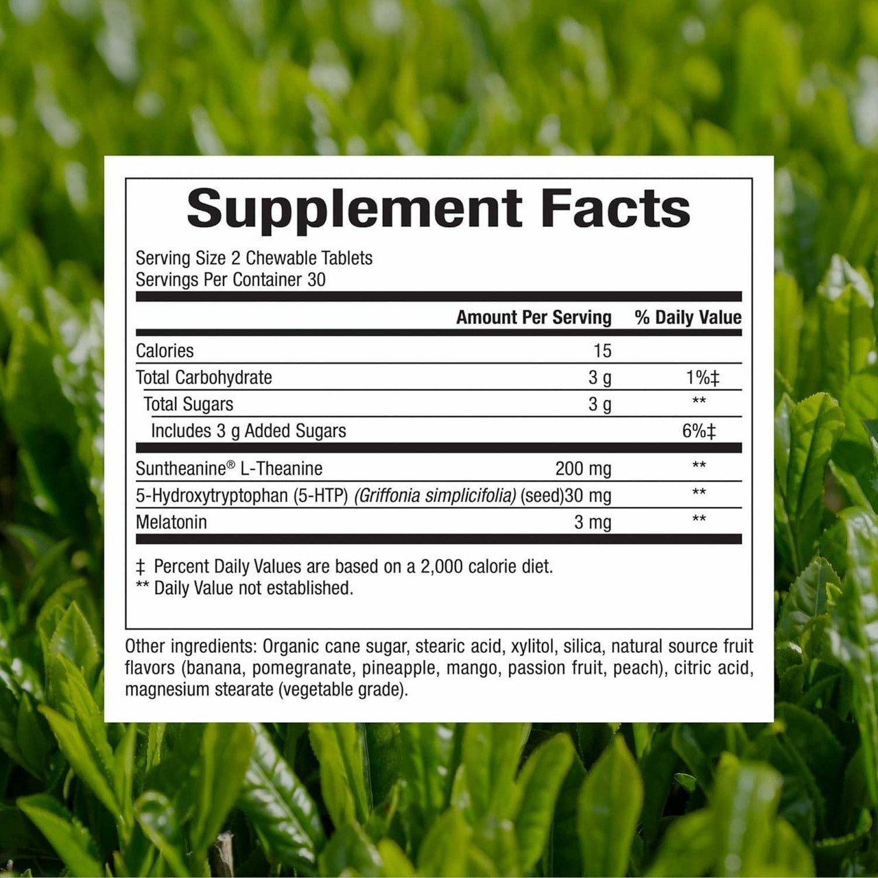 Tranquil Sleep supplement facts with 5-HTP, Suntheanine and melatonin