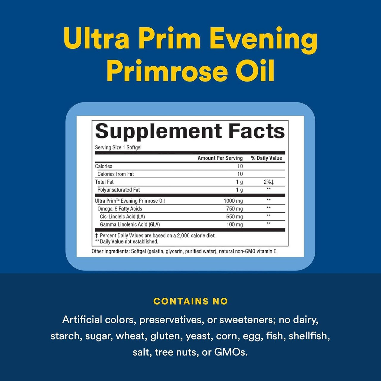 Ultra Prim Evening Primrose Oil supplement facts with free-from list
