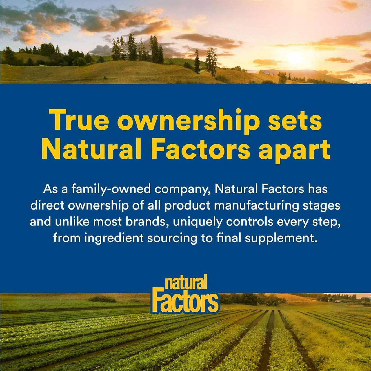 Farm field at sunset, true ownership sets Natural Factors apart graphic