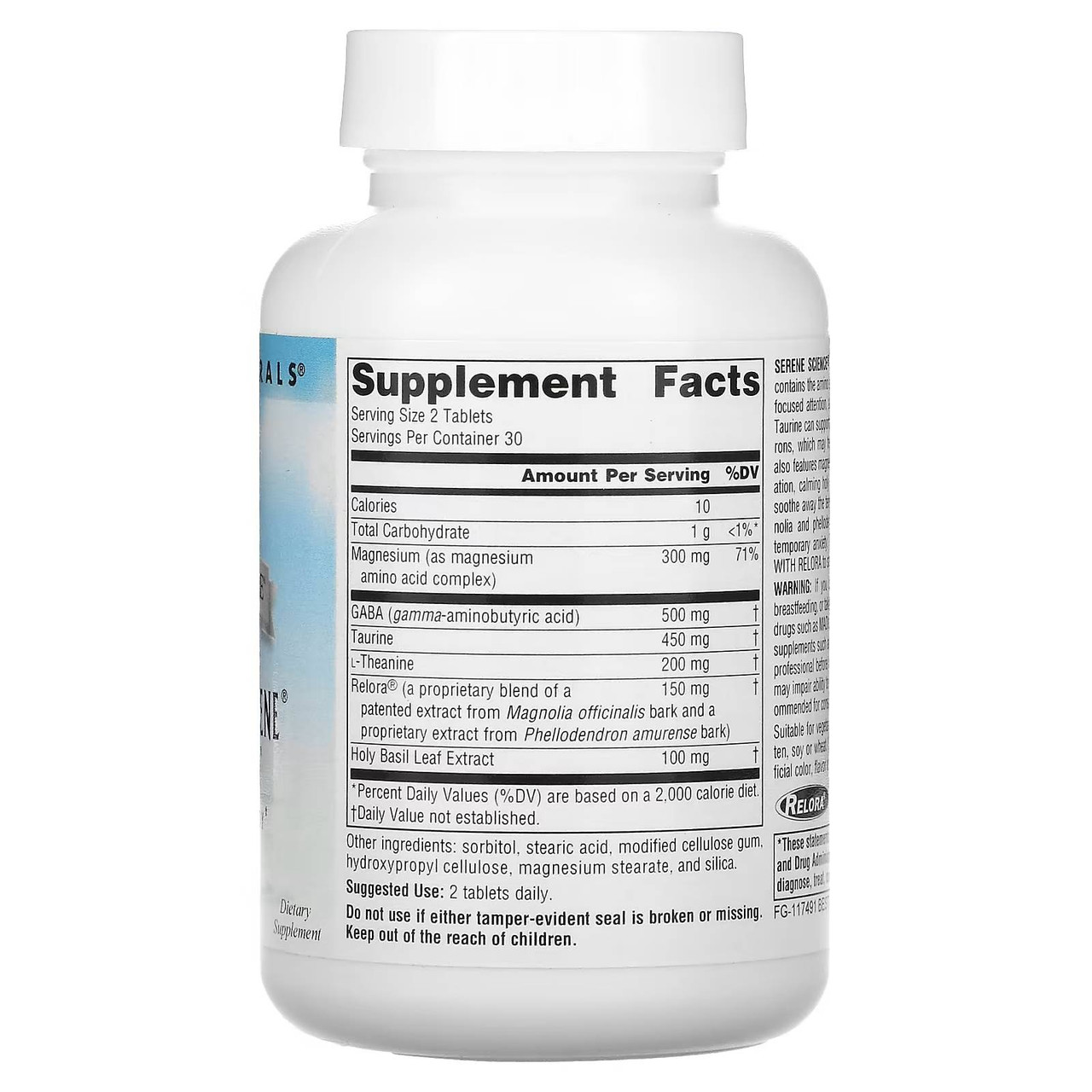 Back of Theanine Serene with Relora 60 tablet bottle with supplement facts panel