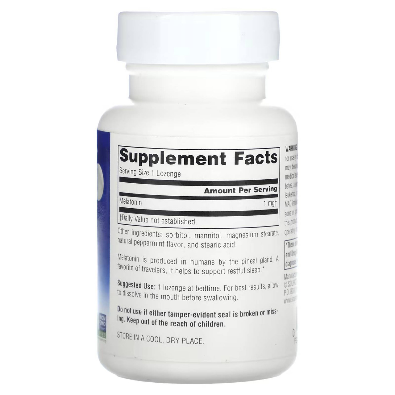 Back of Melatonin Peppermint lozenges bottle with supplement facts panel