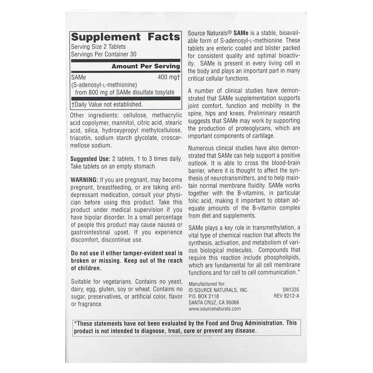 Back of SAMe 200 mg bottle with supplement facts panel