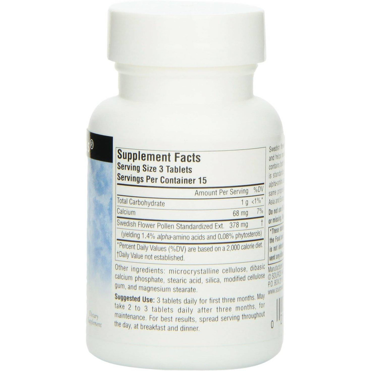 Back of Swedish Flower Pollen bottle with supplement facts panel
