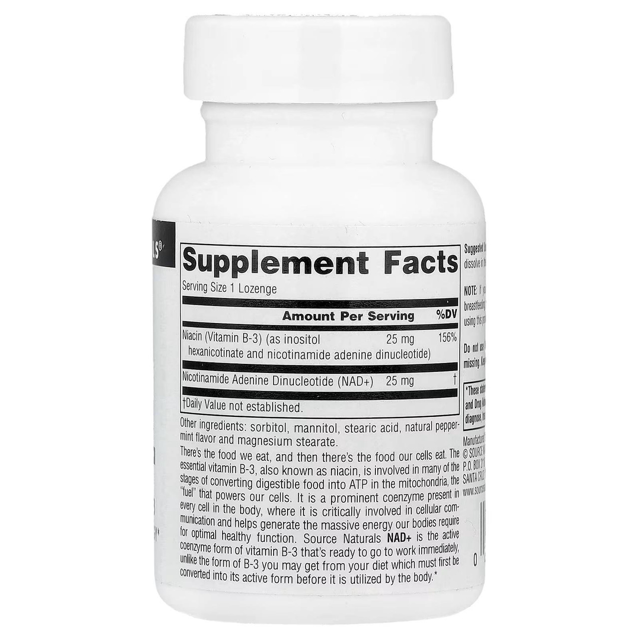 Back of NAD+ Coenzymated B-3 bottle with supplement facts panel