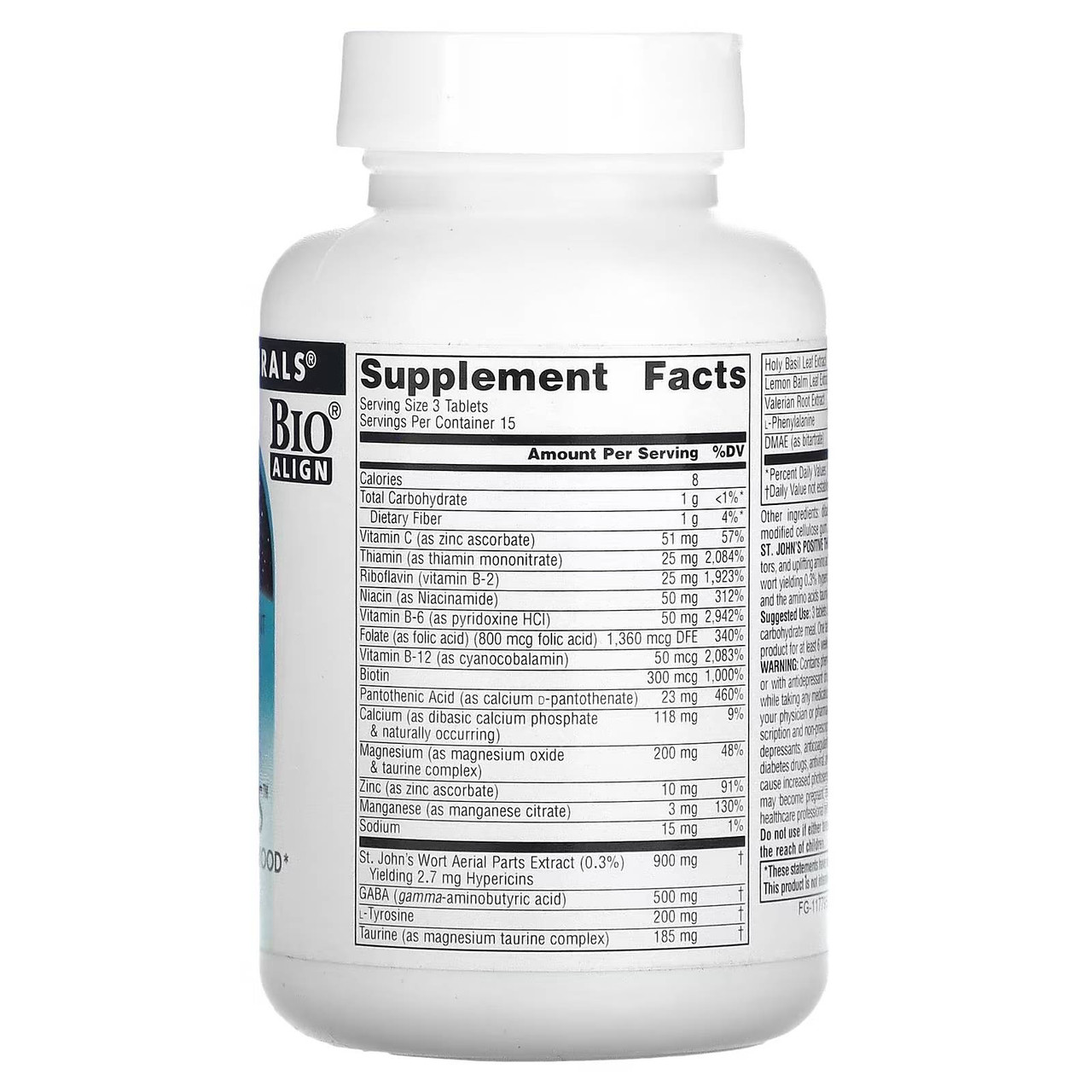 Back of St. John's Positive Thoughts bottle with supplement facts panel