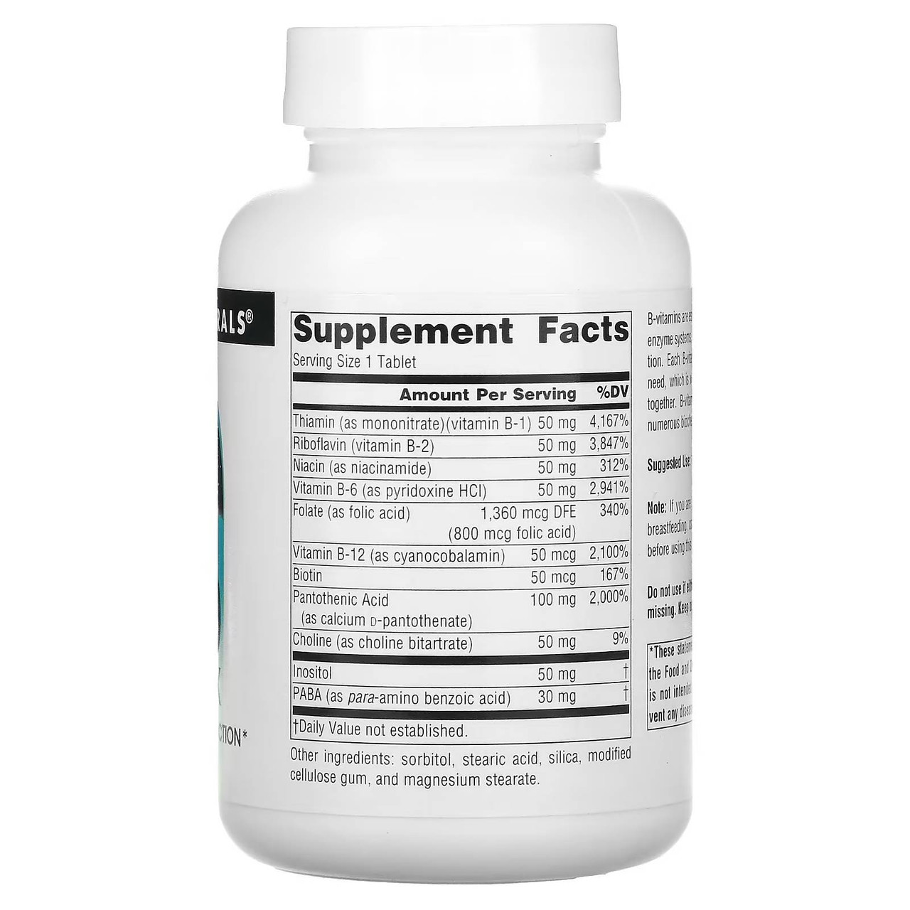 Back of B-50 Complex bottle with supplement facts panel