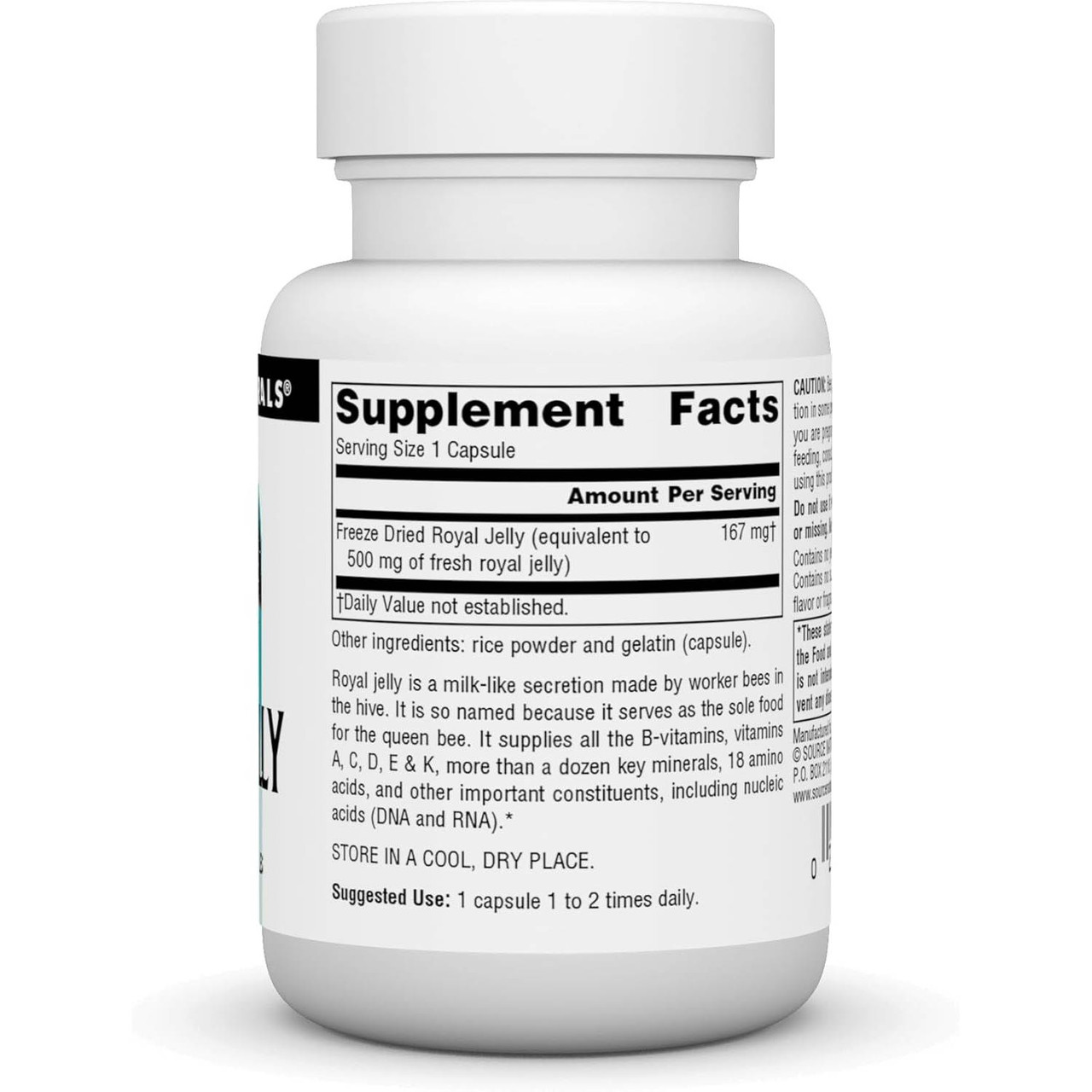 Royal Jelly bottle back with supplement facts and suggested use