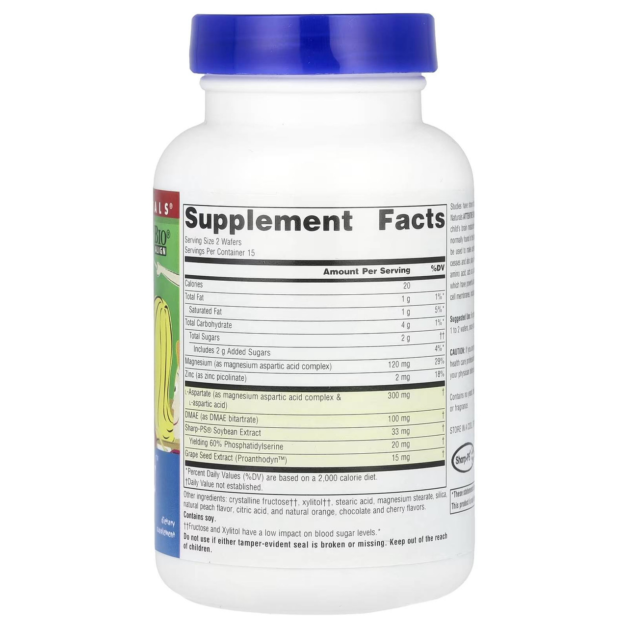 Back of Attentive Child chewable wafers bottle with supplement facts panel