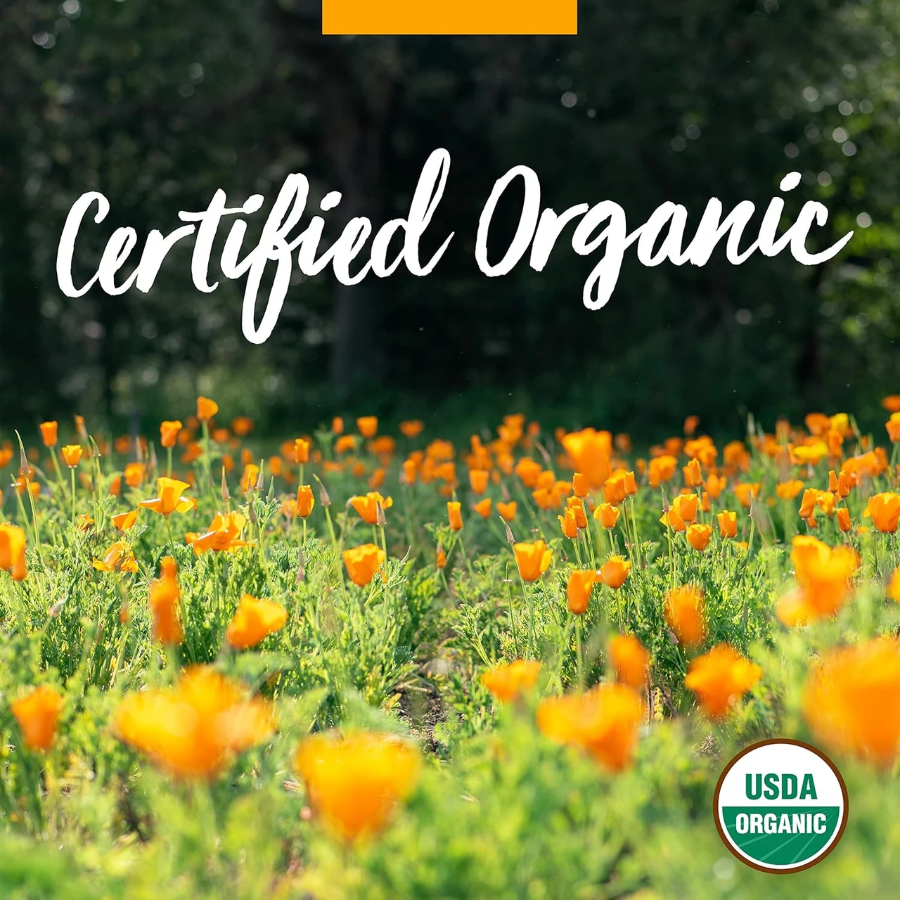 Field of orange flowers, certified organic graphic with USDA Organic seal