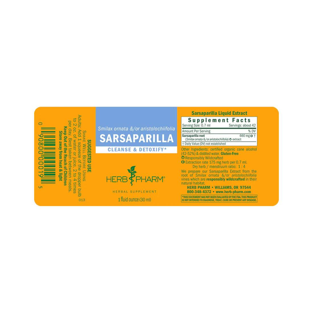 Sarsaparilla liquid extract label with supplement facts