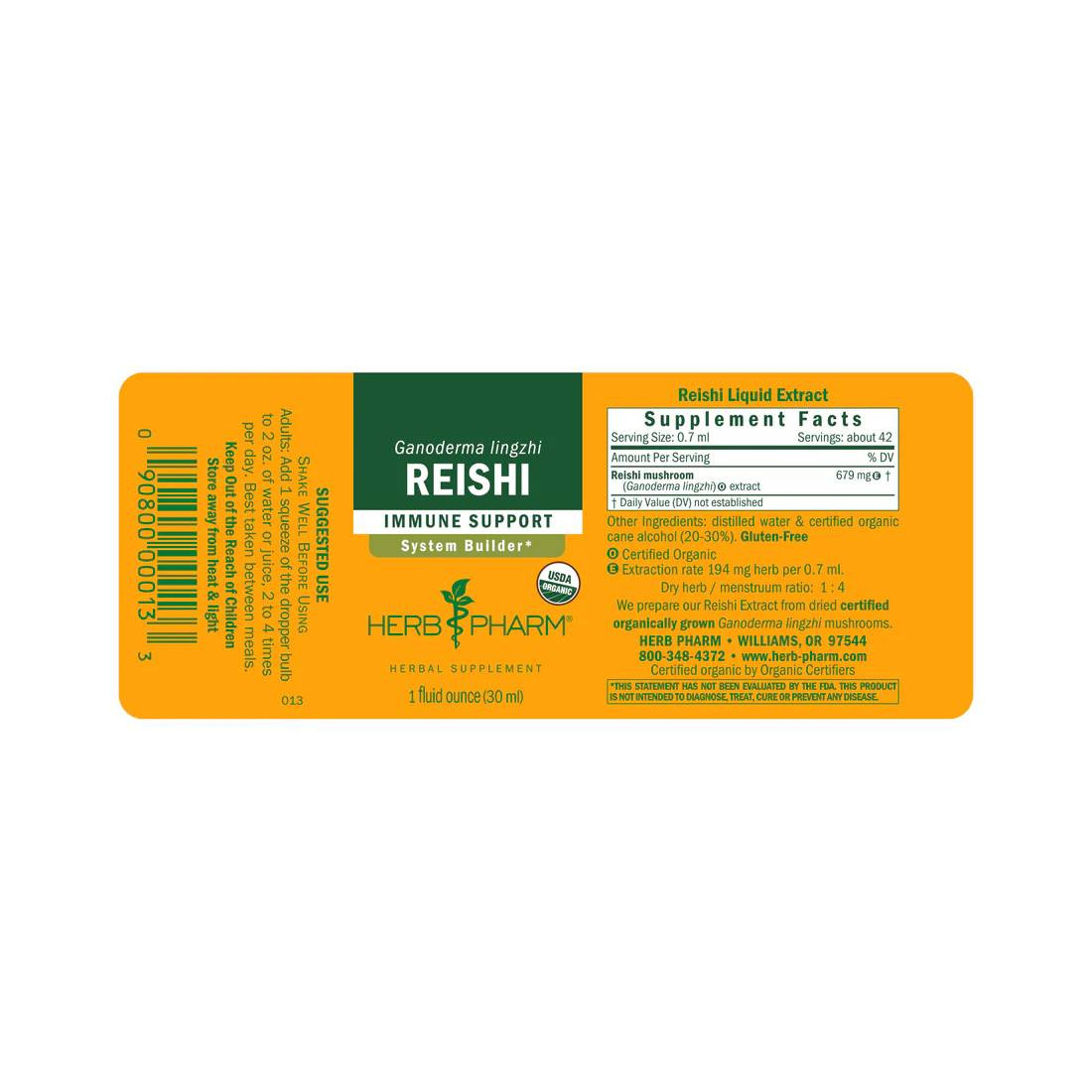 Herb Pharm Reishi bottle label laid flat with supplement facts