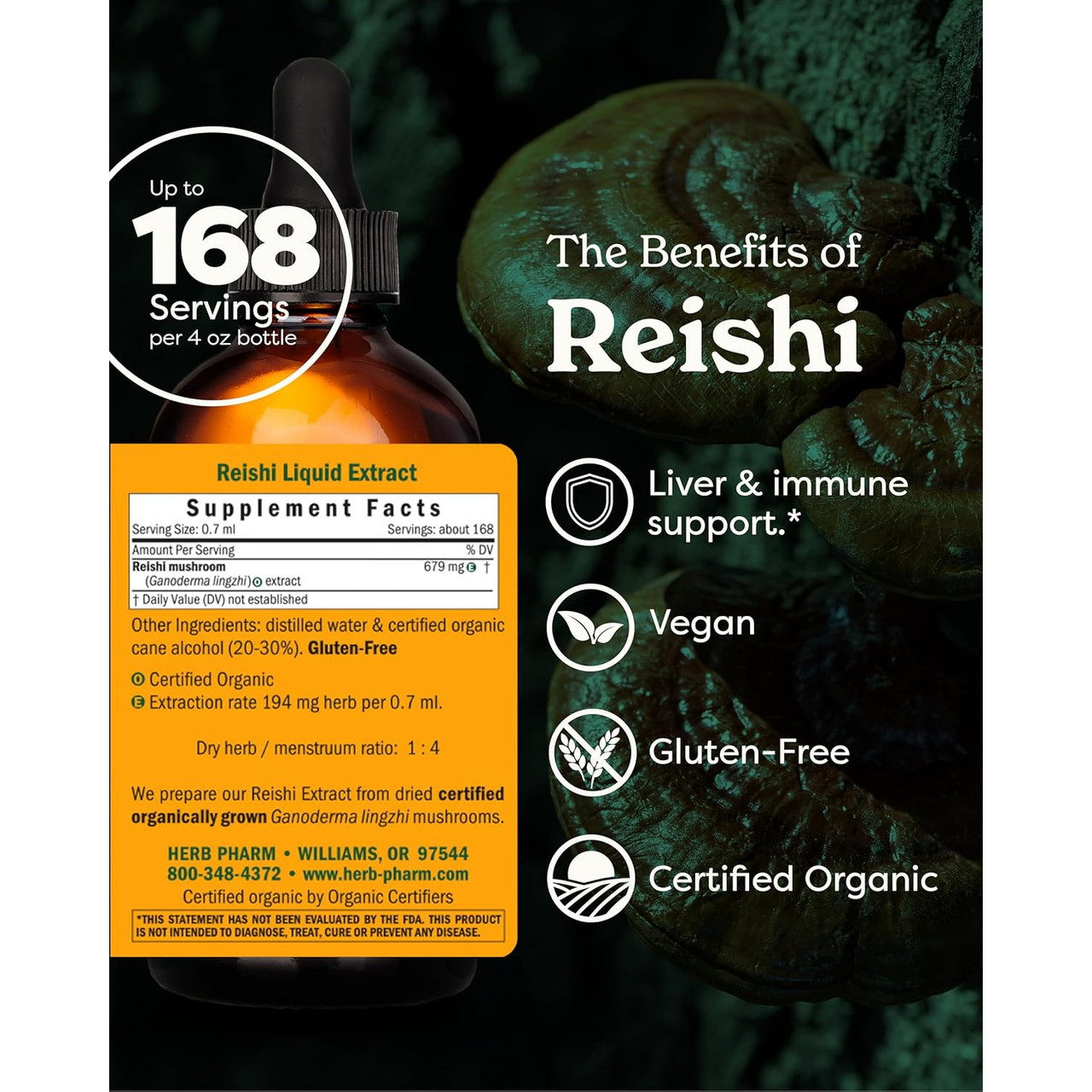Reishi label with supplement facts, up to 168 servings per 4 oz bottle, vegan, gluten-free and certified organic icons