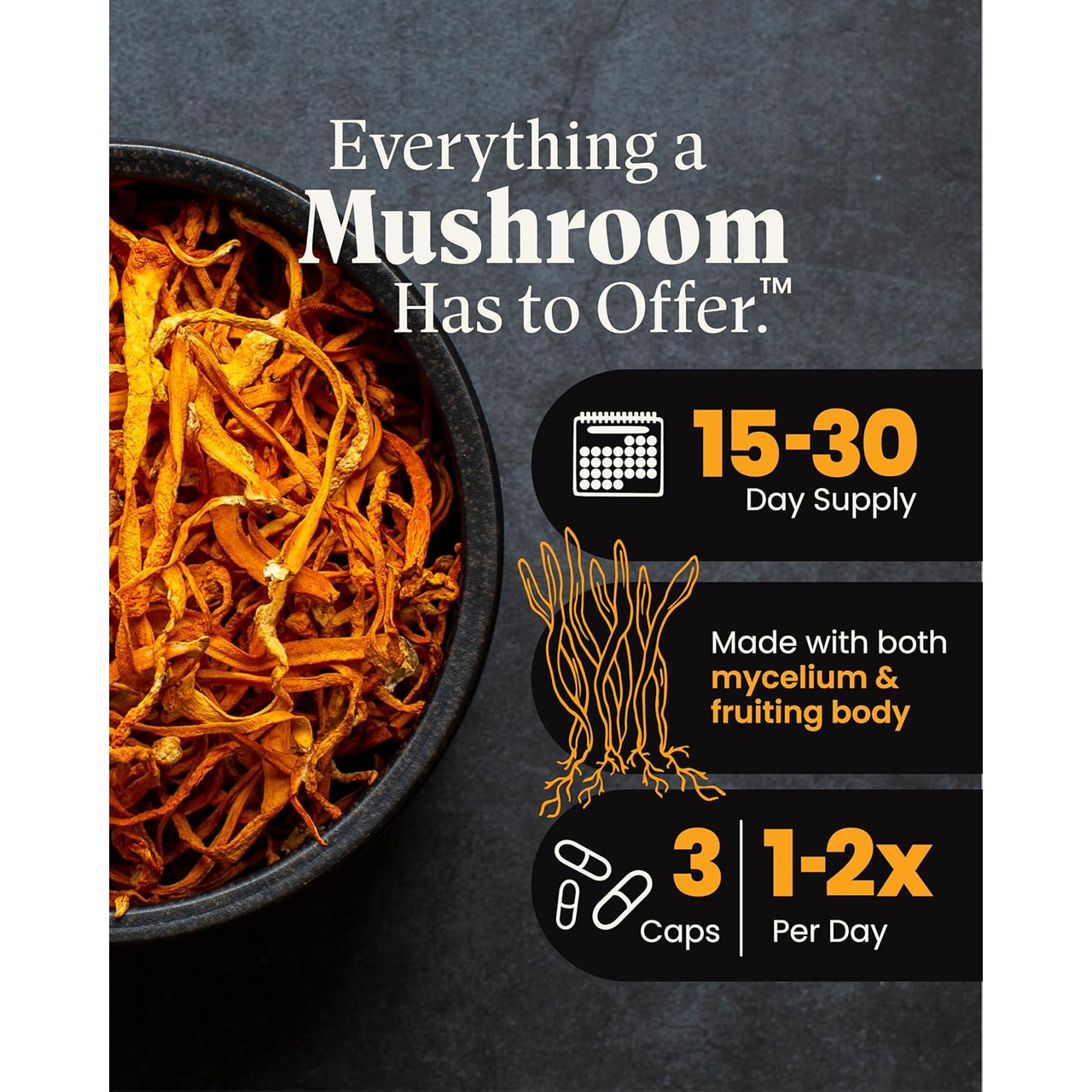 Everything a mushroom has to offer graphic with dosage and day supply