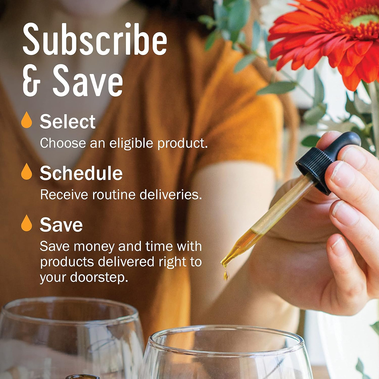 Subscribe and Save graphic, select schedule and save with dropper and flower