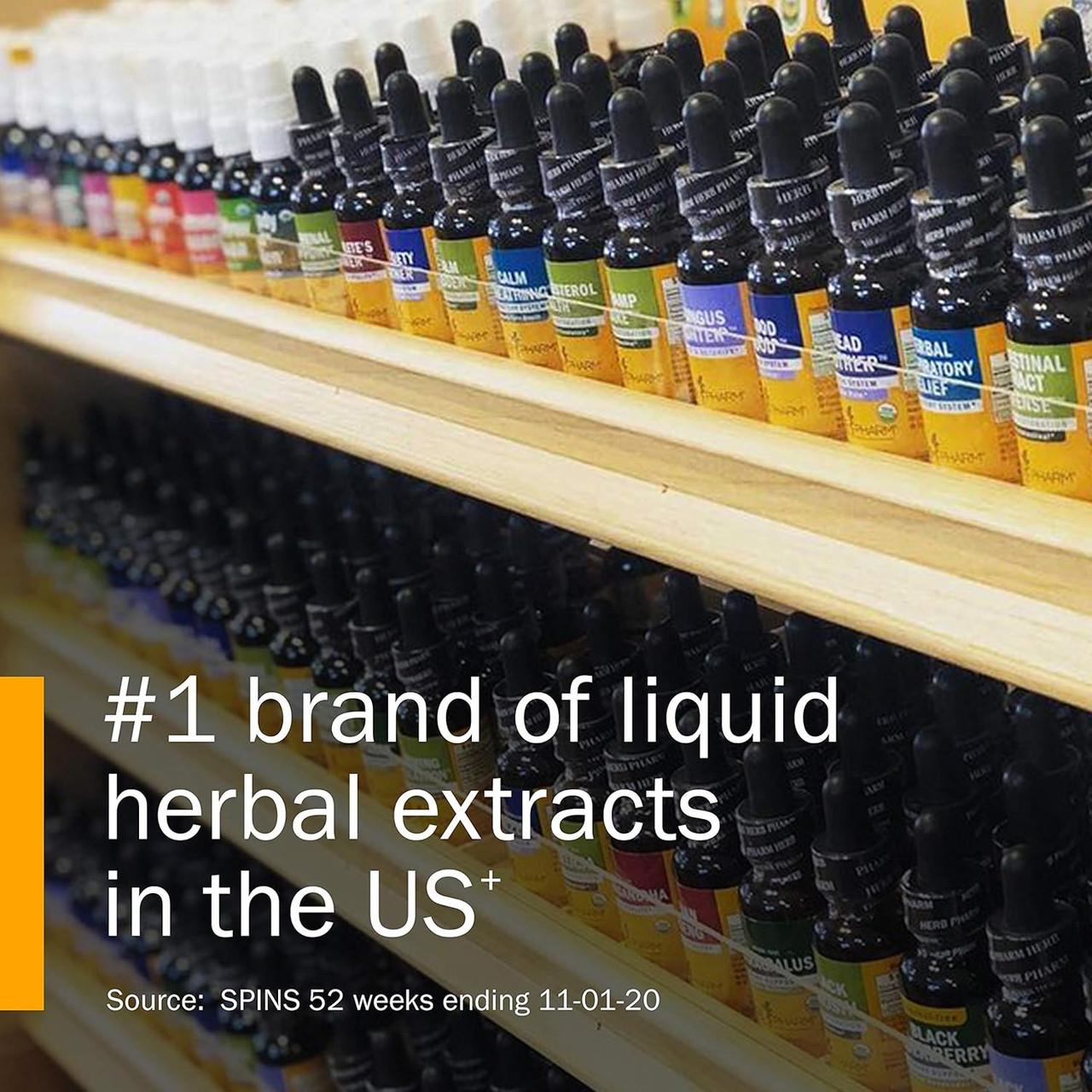 Rows of Herb Pharm extract bottles on a wooden store display