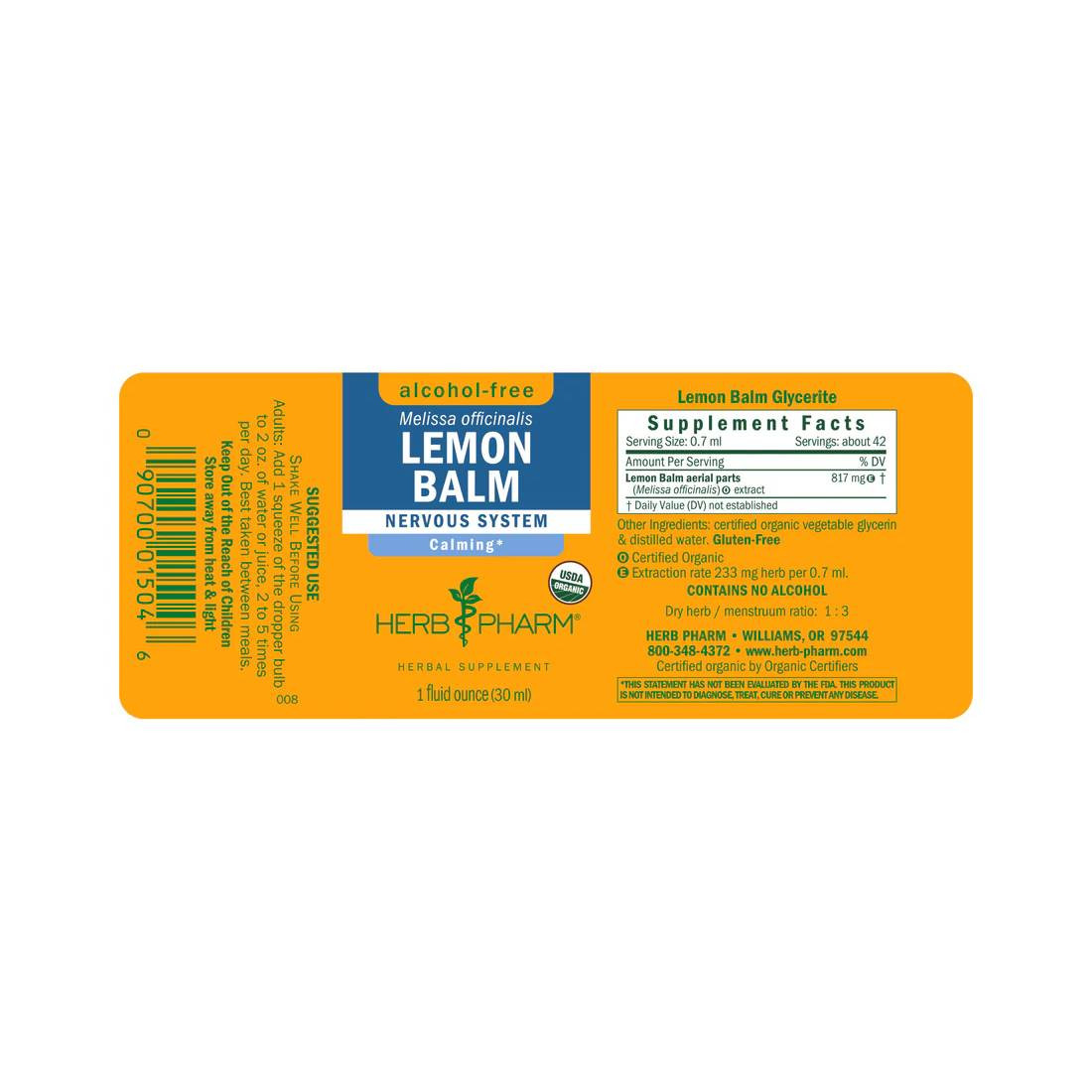 Herb Pharm Lemon Balm Alcohol Free - 30 ml