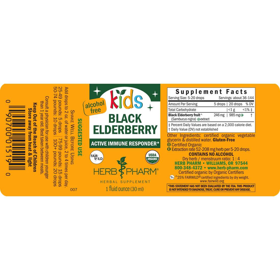 Kids Black Elderberry liquid extract label with supplement facts