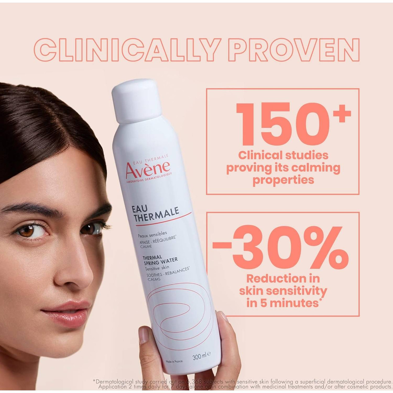 Model holding Avène Thermal Spring Water with clinical study results
