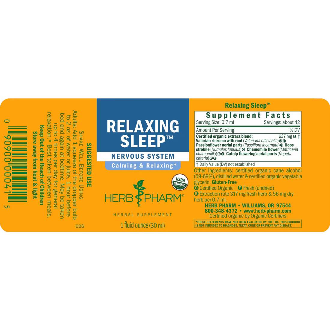 Herb Pharm Relaxing Sleep label with supplement facts