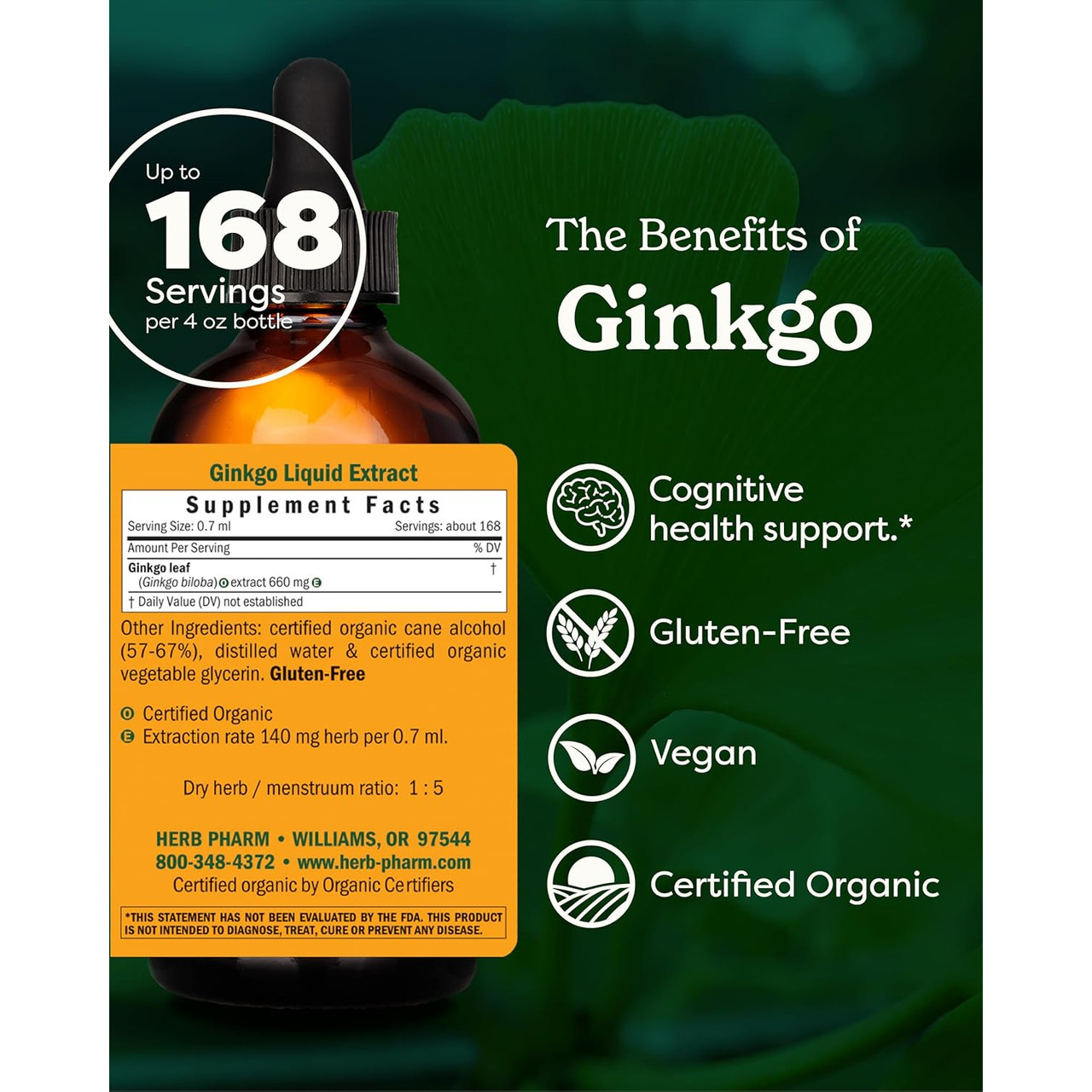 The benefits of Ginkgo graphic, up to 168 servings per bottle, gluten-free, vegan and certified organic