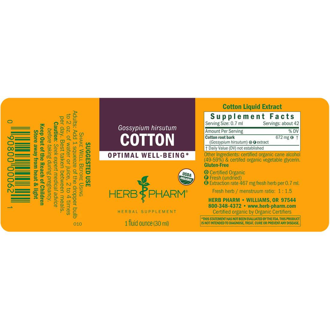 Cotton liquid extract label with supplement facts