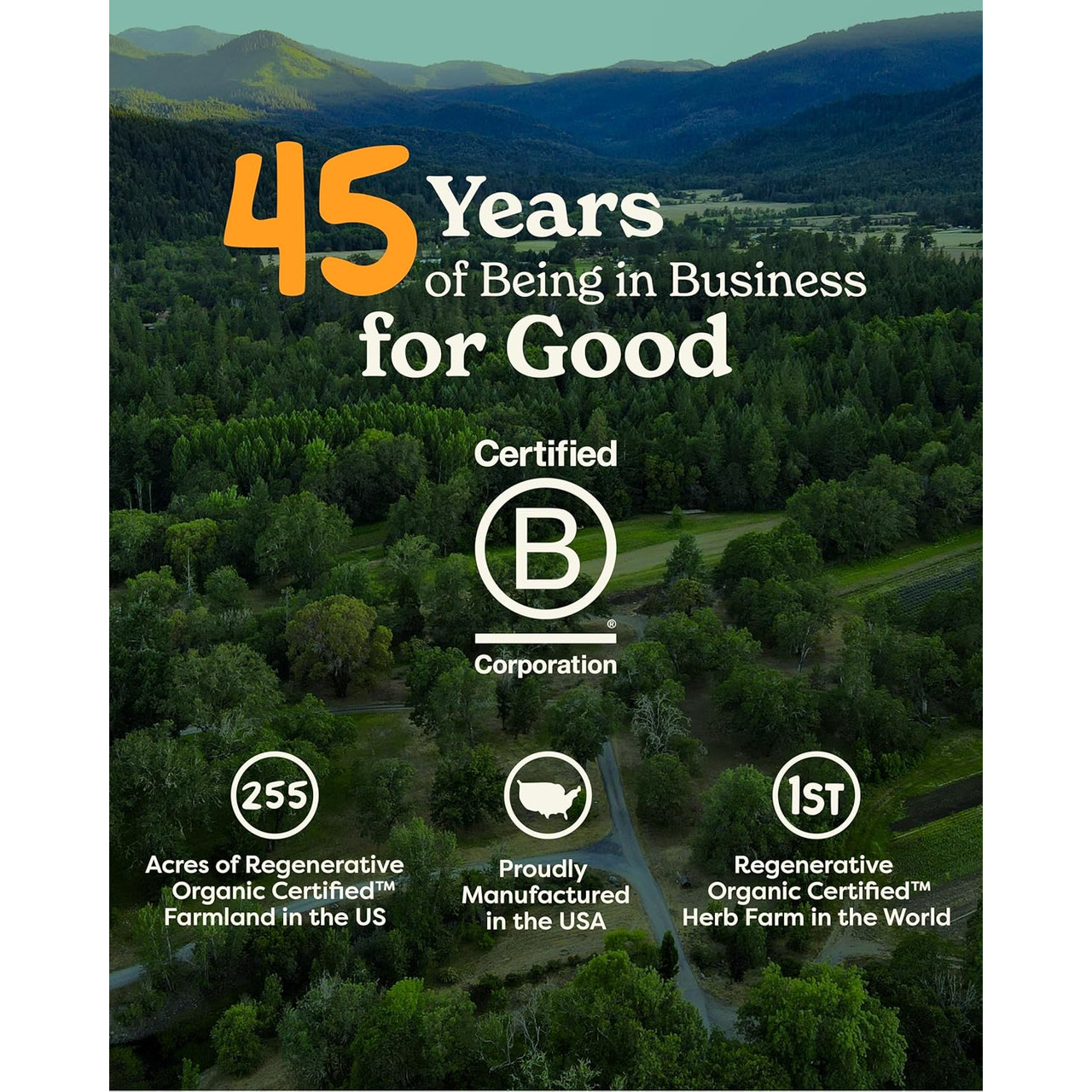 Herb Pharm 45 years in business and Certified B Corporation farm graphic