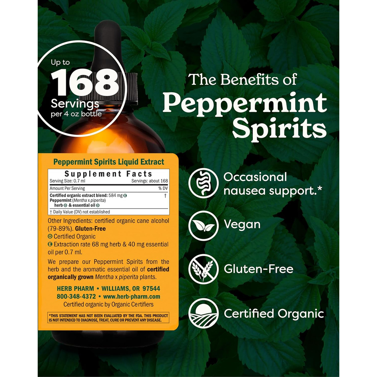 Benefits of Peppermint Spirits graphic with vegan gluten-free and organic icons