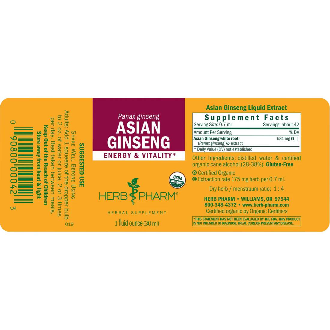 Asian Ginseng extract label with supplement facts