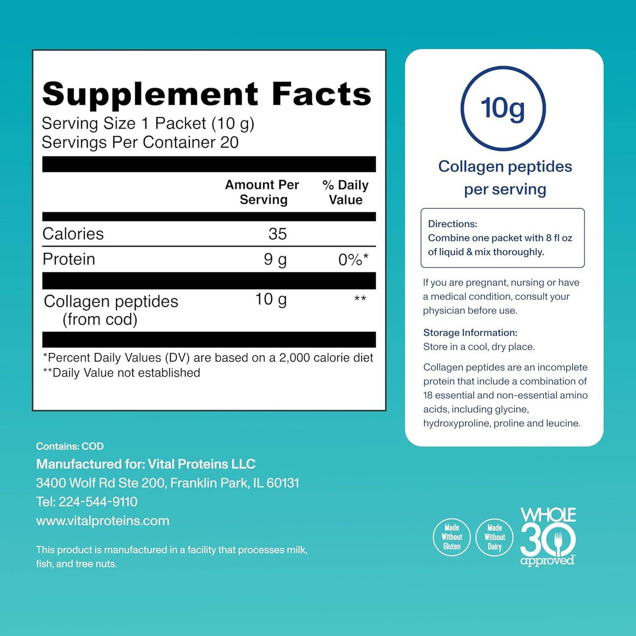 Supplement facts for Marine Collagen, 1 packet serving